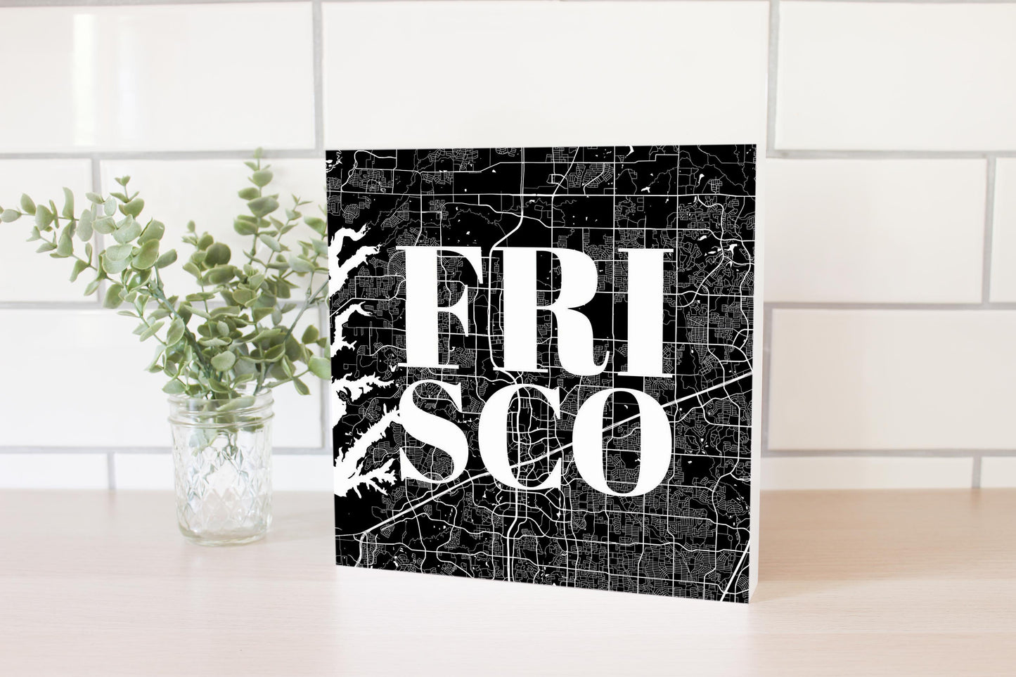 Minimalistic B&W Texas Frisco Map | Wood Block | Eaches | Min 2