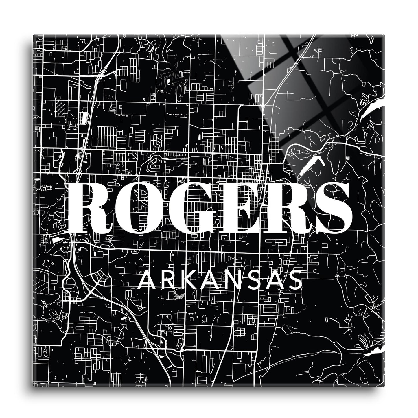 Minimalist B&W Arkansas Rogers Map State | Hi-Def Glass Art | Eaches | Min 1