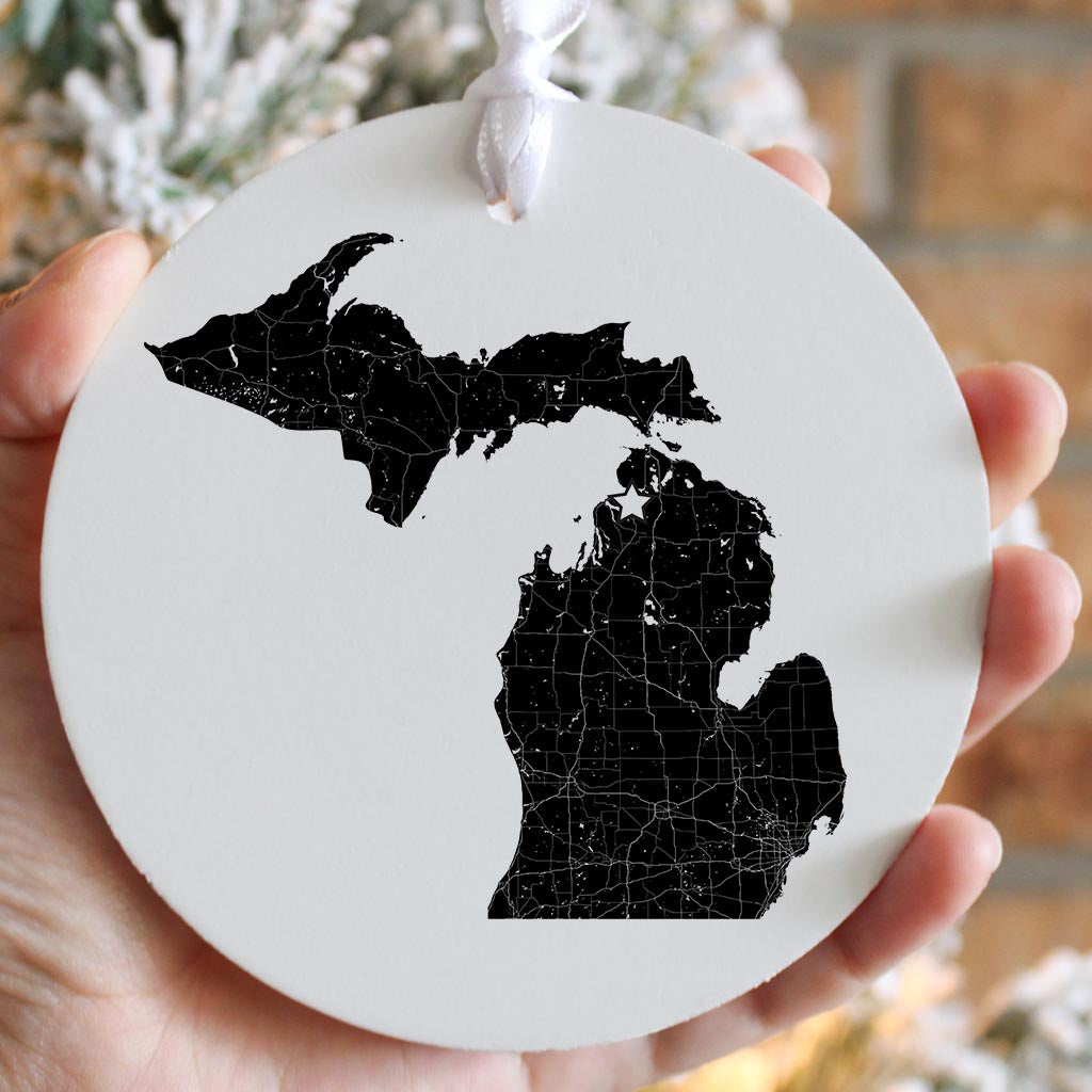 Minimalistic B&W Michigan Map Petoskey Star | Wood Ornament | Eaches | Min 6