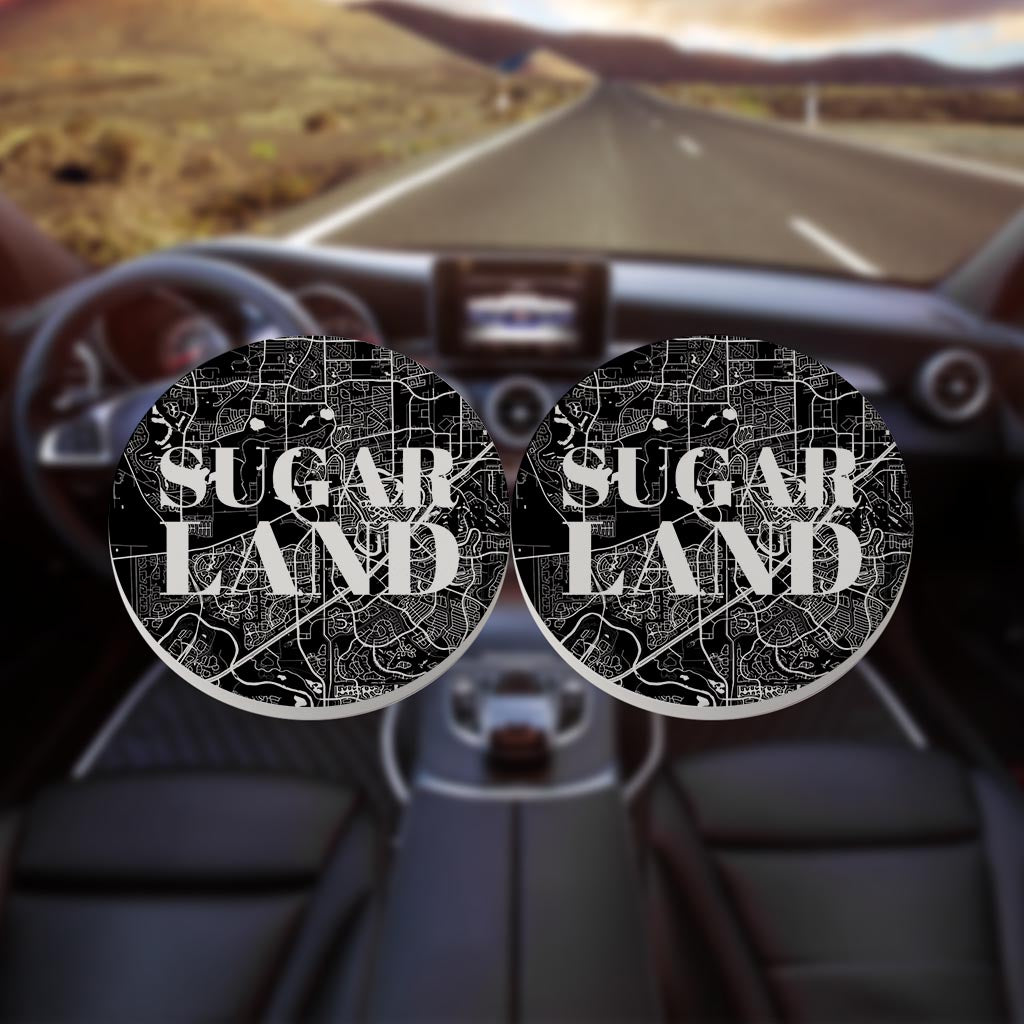 Minimalistic B&W Texas Sugarland Map | Absorbent Car Coasters | Set of 2 | Min 4