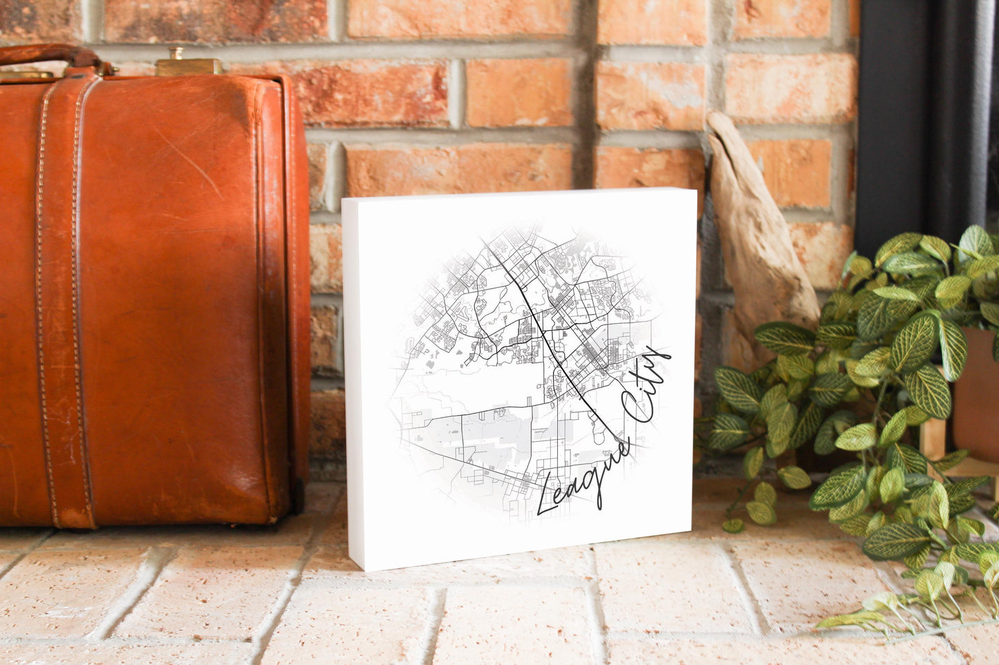 Minimalistic B&W Texas League City Circle Map | Wood Block | Eaches | Min 2