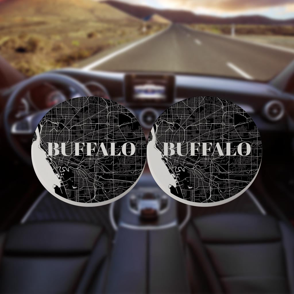 Minimalistic B&W New York Buffalo Map | Absorbent Car Coasters | Set of 2 | Min 4