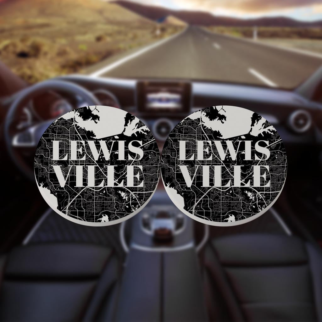 Minimalistic B&W Texas Lewisville Map | Absorbent Car Coasters | Set of 2 | Min 4