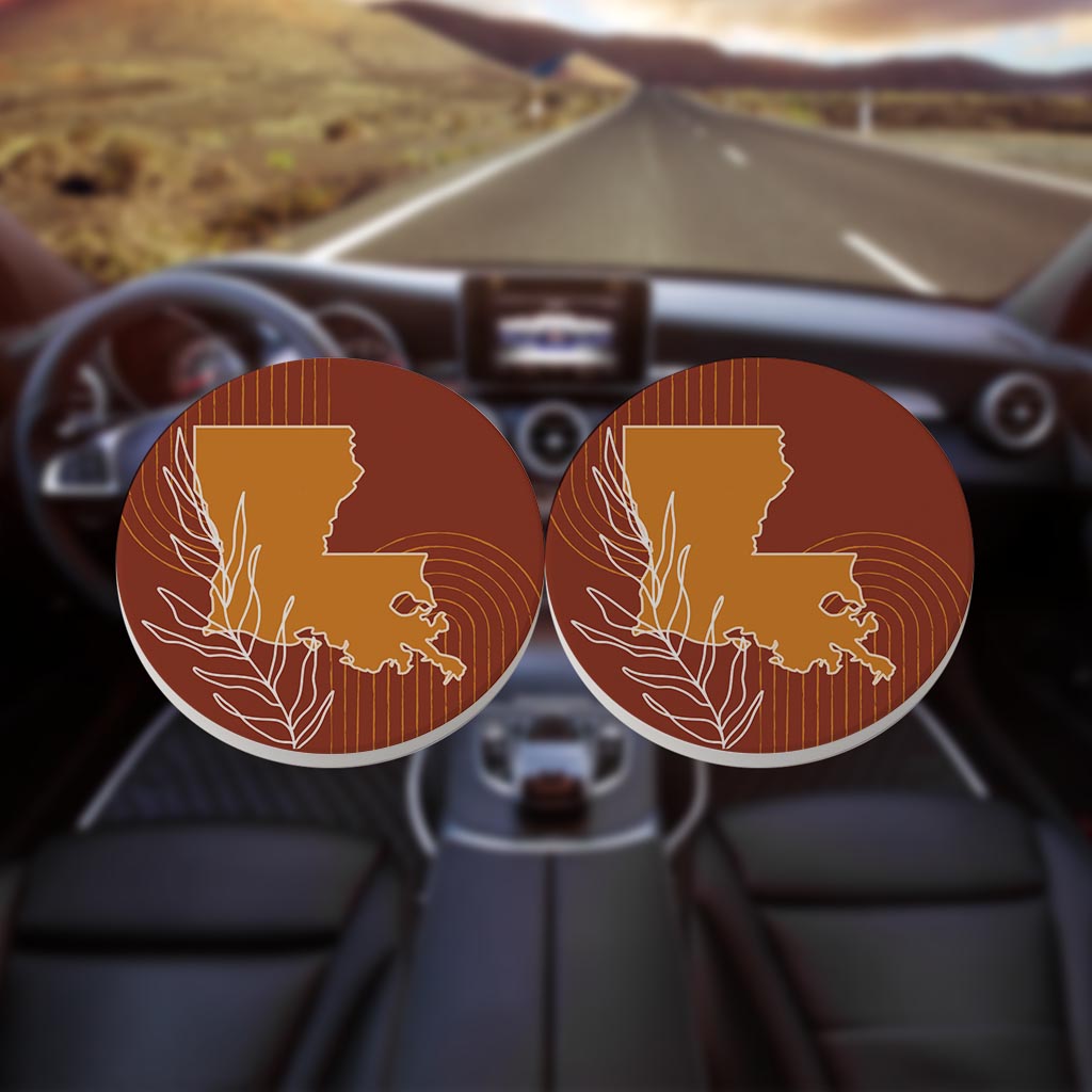 Modern Minimalist Louisiana State Shape With Leaf | Absorbent Car Coasters | Set of 2 | Min 4