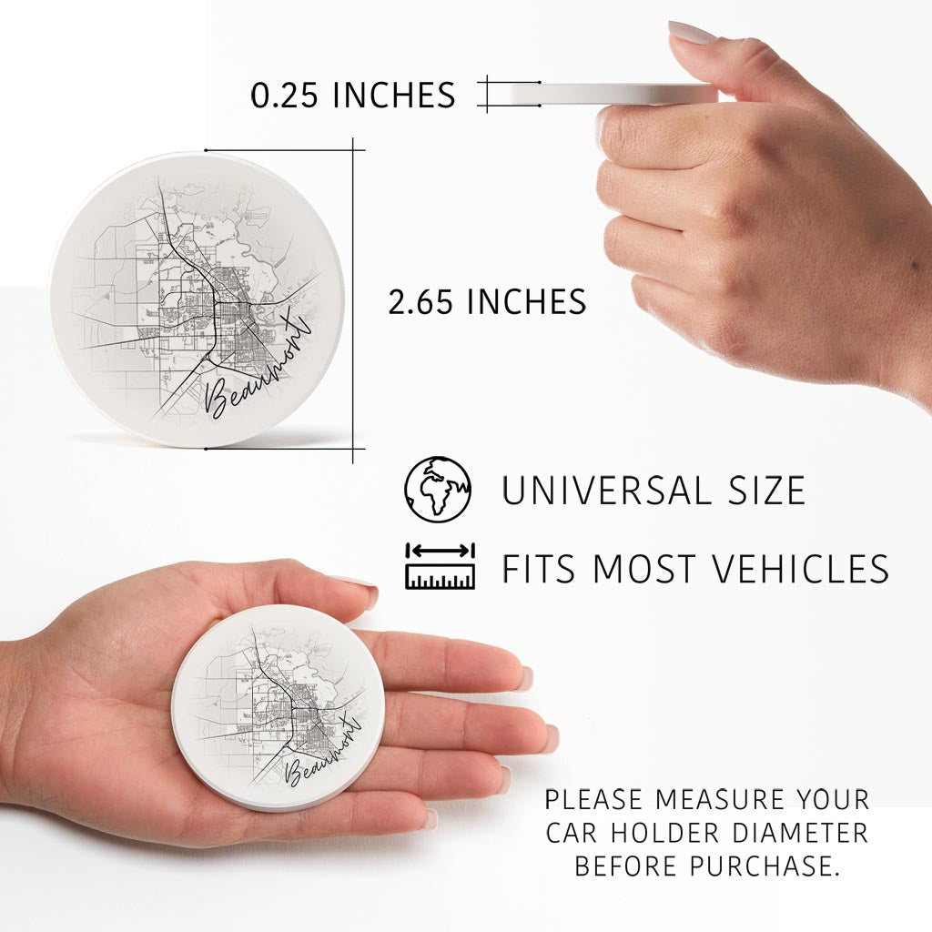 Minimalistic B&W Texas Beaumont Circle Map | Absorbent Car Coasters | Set of 2 | Min 4