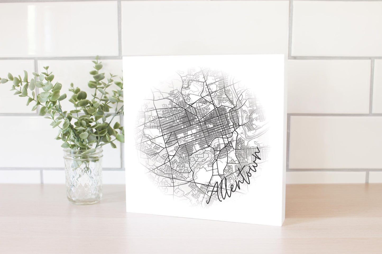 Minimalistic B&W Pennsylvania Allentown Circle Map | Wood Block | Eaches | Min 2
