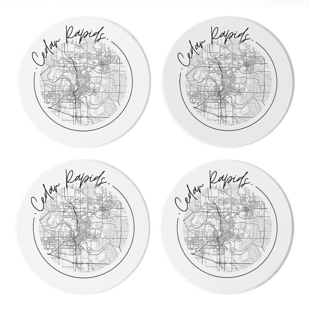 Minimalistic B&W Iowa Cedar Rapids Circle Map | Absorbent Coasters | Set of 4 | Min 2