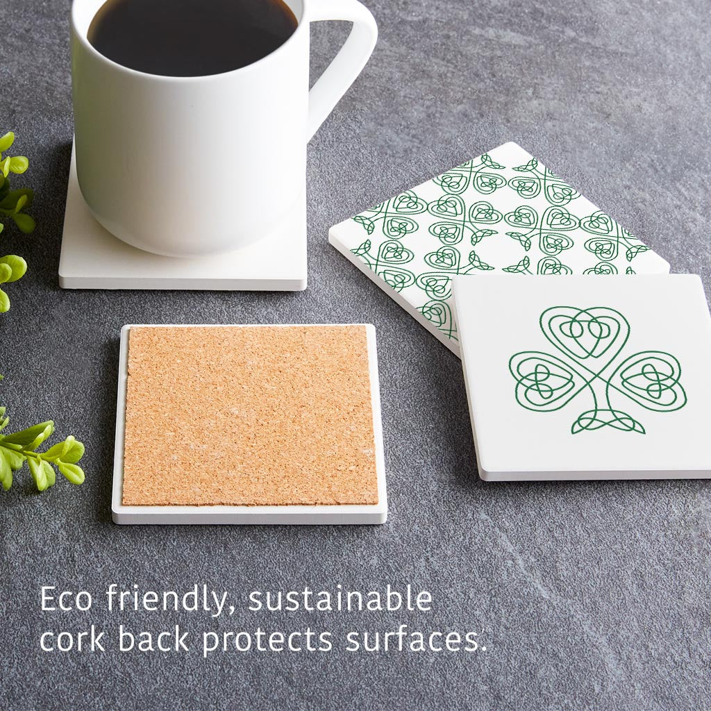 White Green Shamrock Pattern Shape| Absorbent Coasters | Set of 4 | Min 2