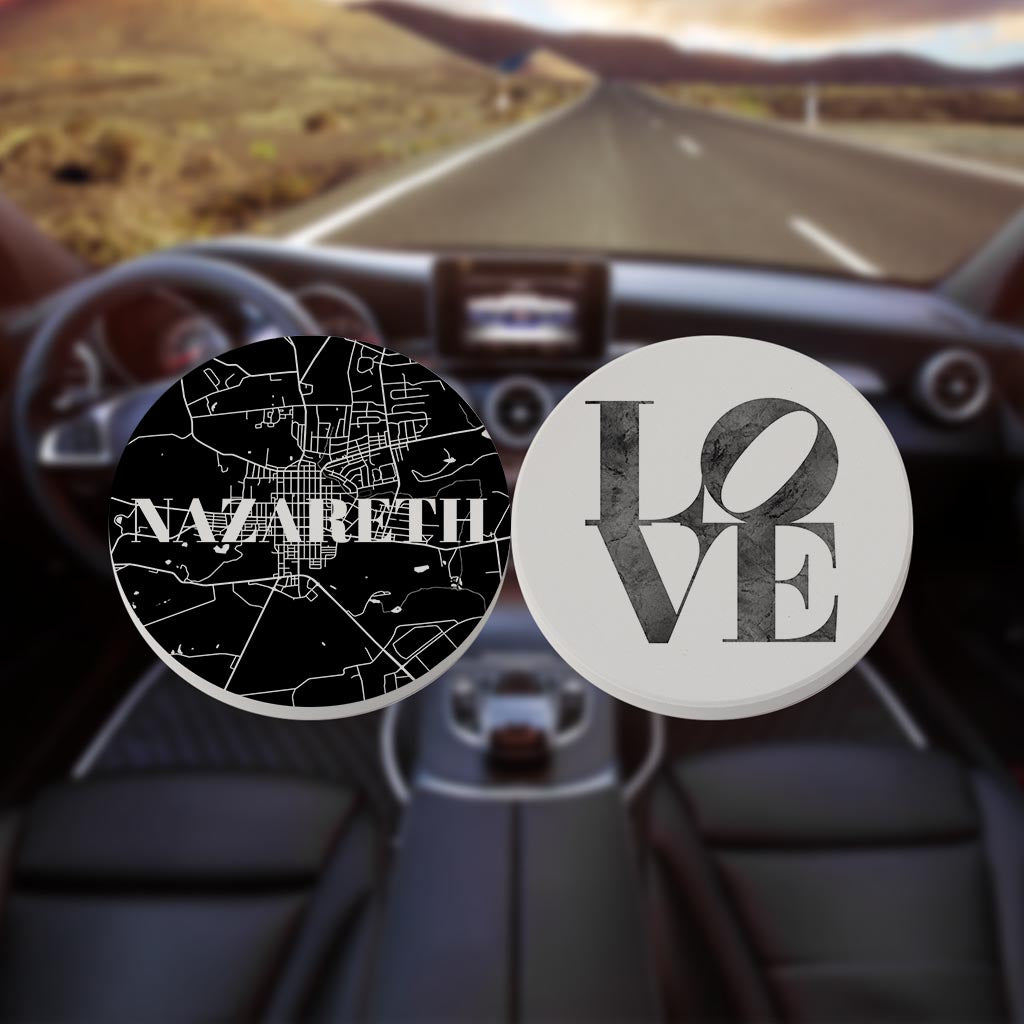 Minimalistic B&W Pennsylvania Nazareth Map Love| Absorbent Car Coasters | Set of 2 | Min 4