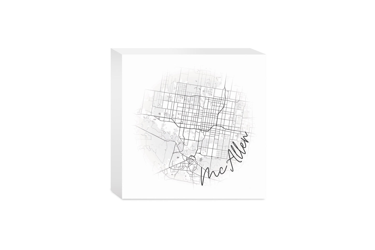 Minimalistic B&W Texas Mcallen Circle Map | Wood Block | Eaches | Min 4