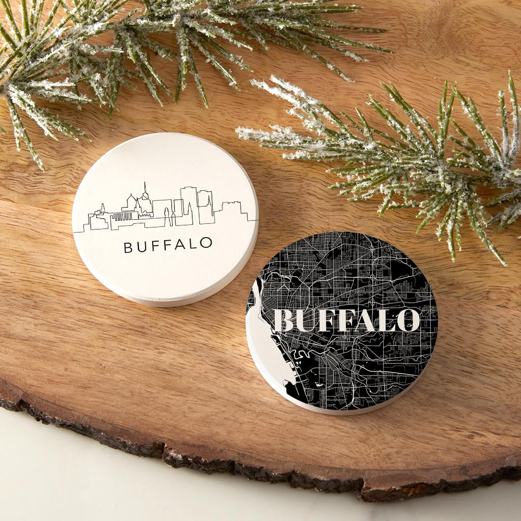 Minimalistic B&W New York Buffalo Map Skyline| Absorbent Car Coasters | Set of 2 | Min 4