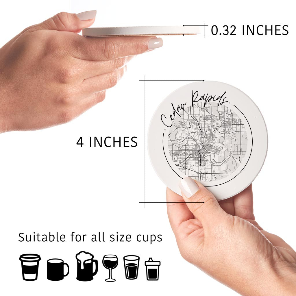 Minimalistic B&W Iowa Cedar Rapids Circle Map | Absorbent Coasters | Set of 4 | Min 2