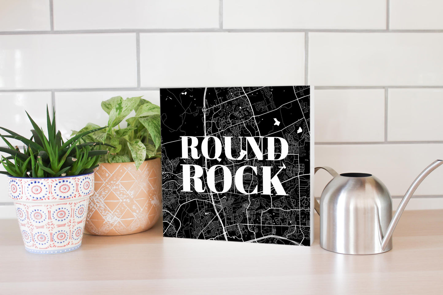 Minimalistic B&W Texas Round Rock Map | Wood Block | Eaches | Min 2