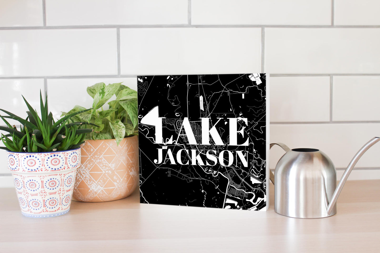 Minimalistic B&W Texas Lake Jackson Map | Wood Block | Eaches | Min 2
