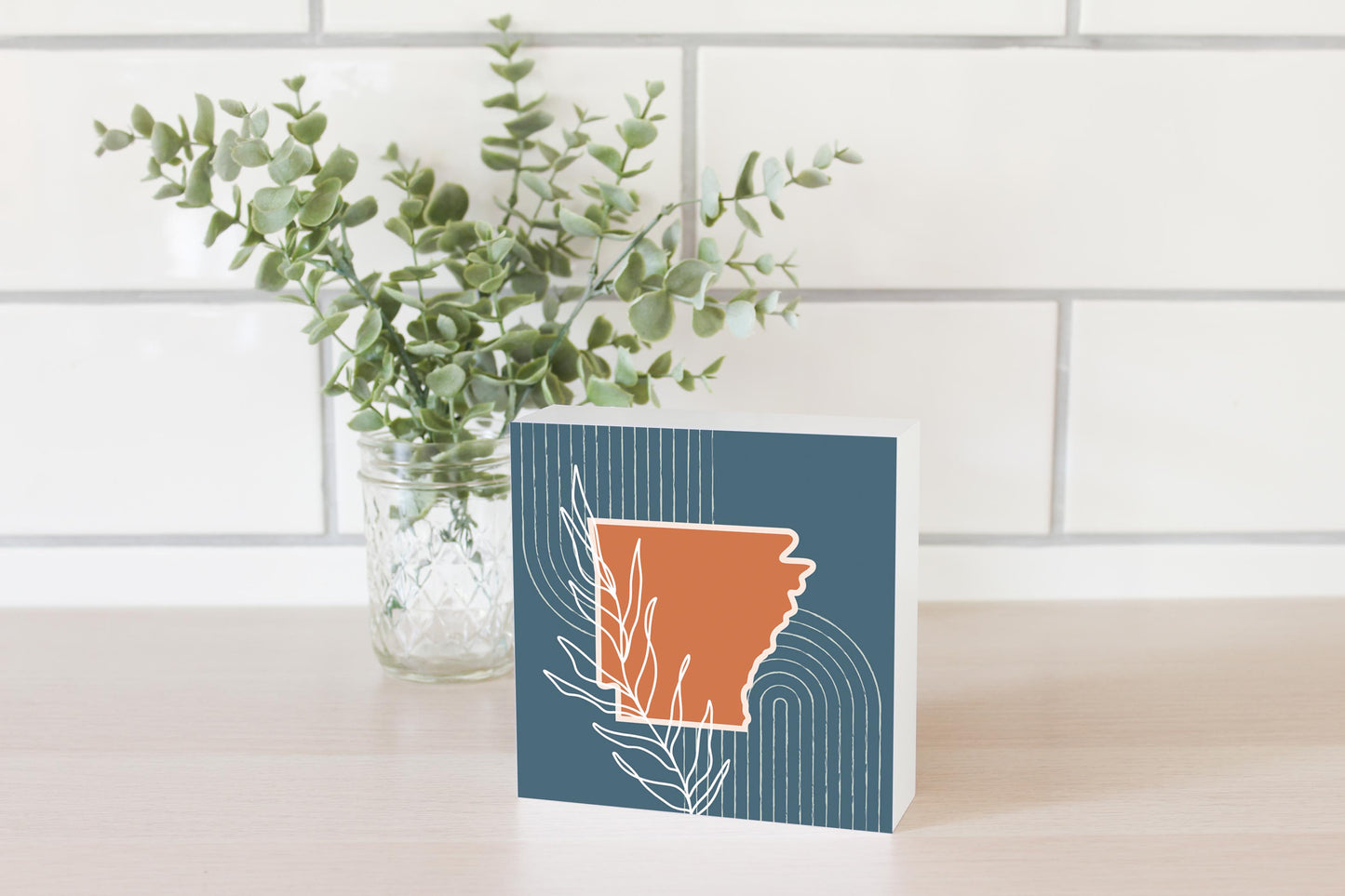 Modern Minimalist Arkansas State Shape With Leaf | Wood Block | Eaches | Min 4