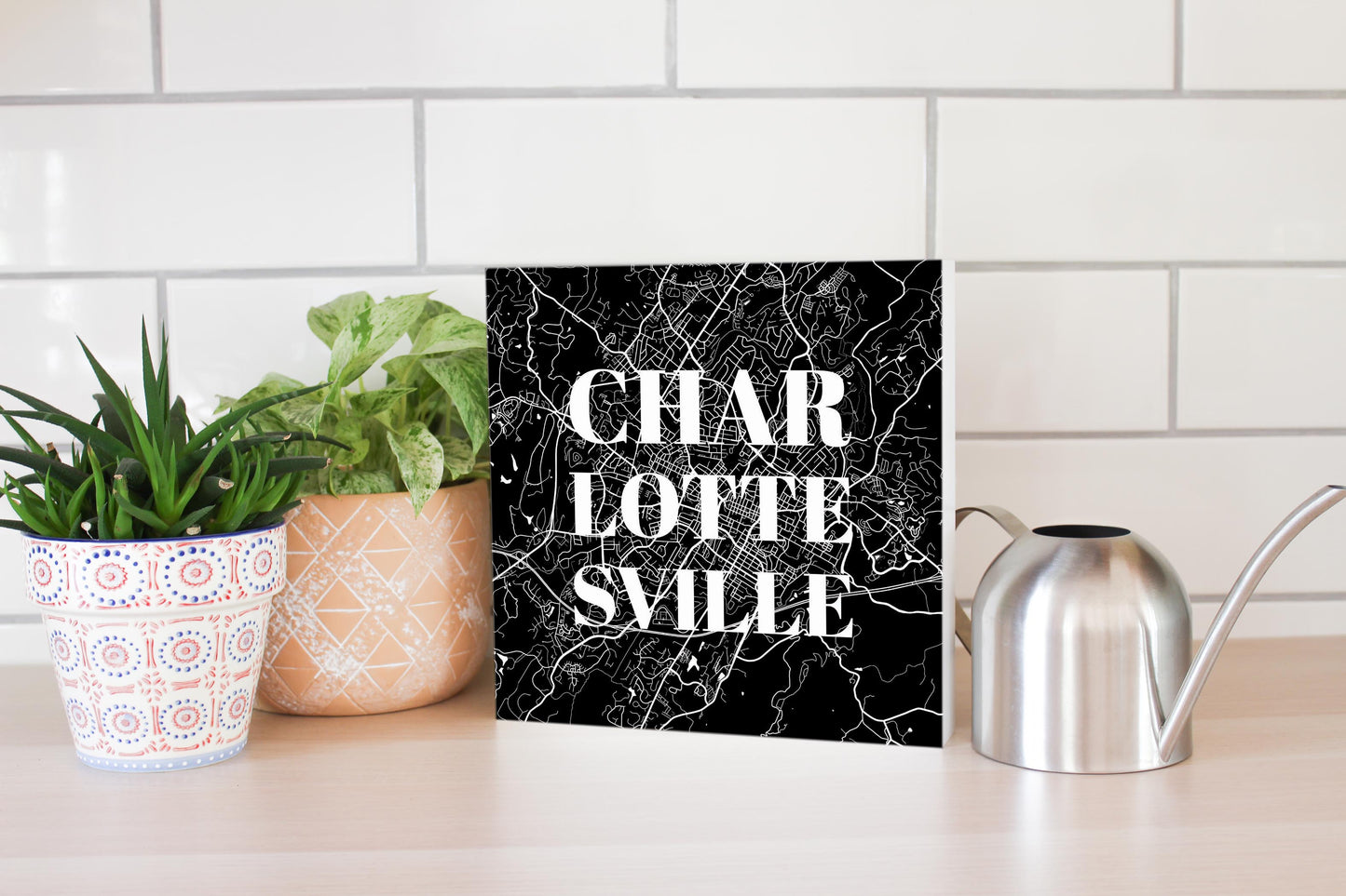 Minimalistic B&W Virginia Charlottesville Map | Wood Block | Eaches | Min 2