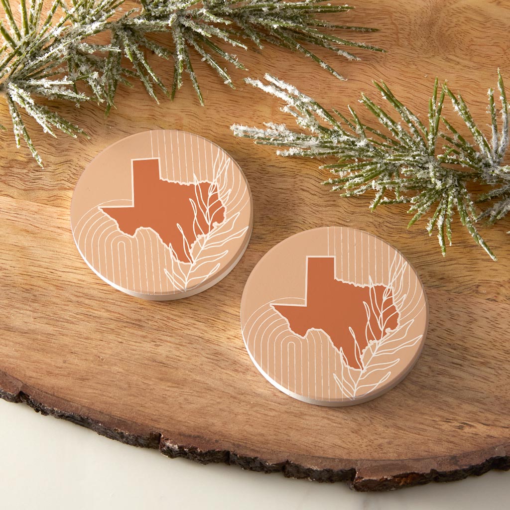 Modern Minimalist Texas State Shape With Leaf | Absorbent Car Coasters | Set of 2 | Min 4