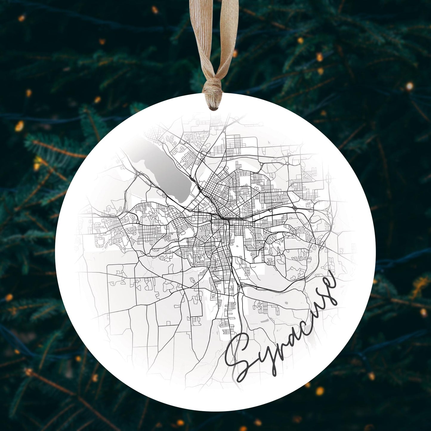 Minimalistic B&W New York Syracuse Faded Circle Map | Wood Ornament | Eaches | Min 1