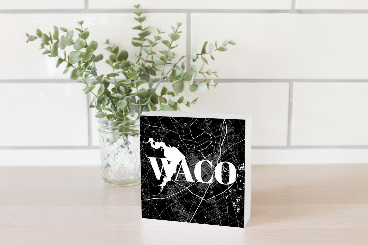 Minimalistic B&W Texas Waco Map | Wood Block | Eaches | Min 4