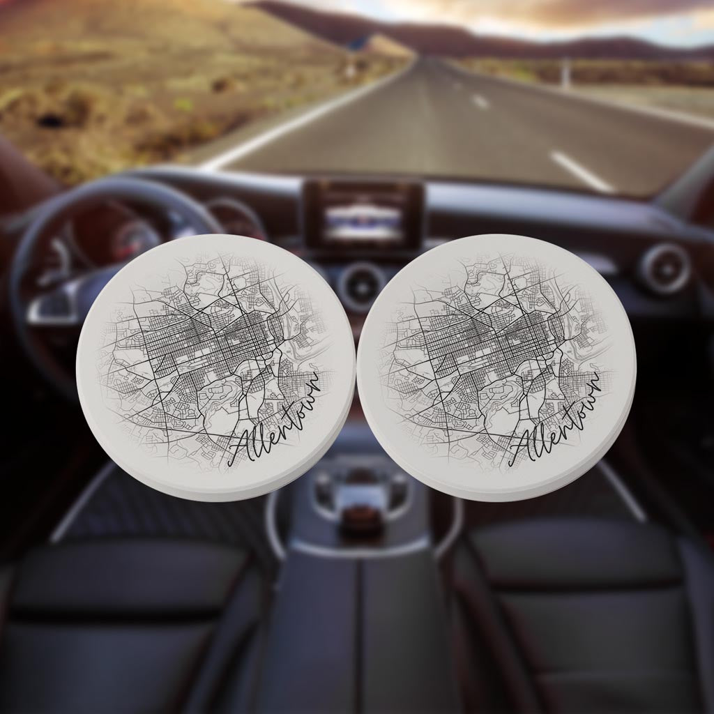 Minimalistic B&W Pennsylvania Allentown Circle Map | Absorbent Car Coasters | Set of 2 | Min 4