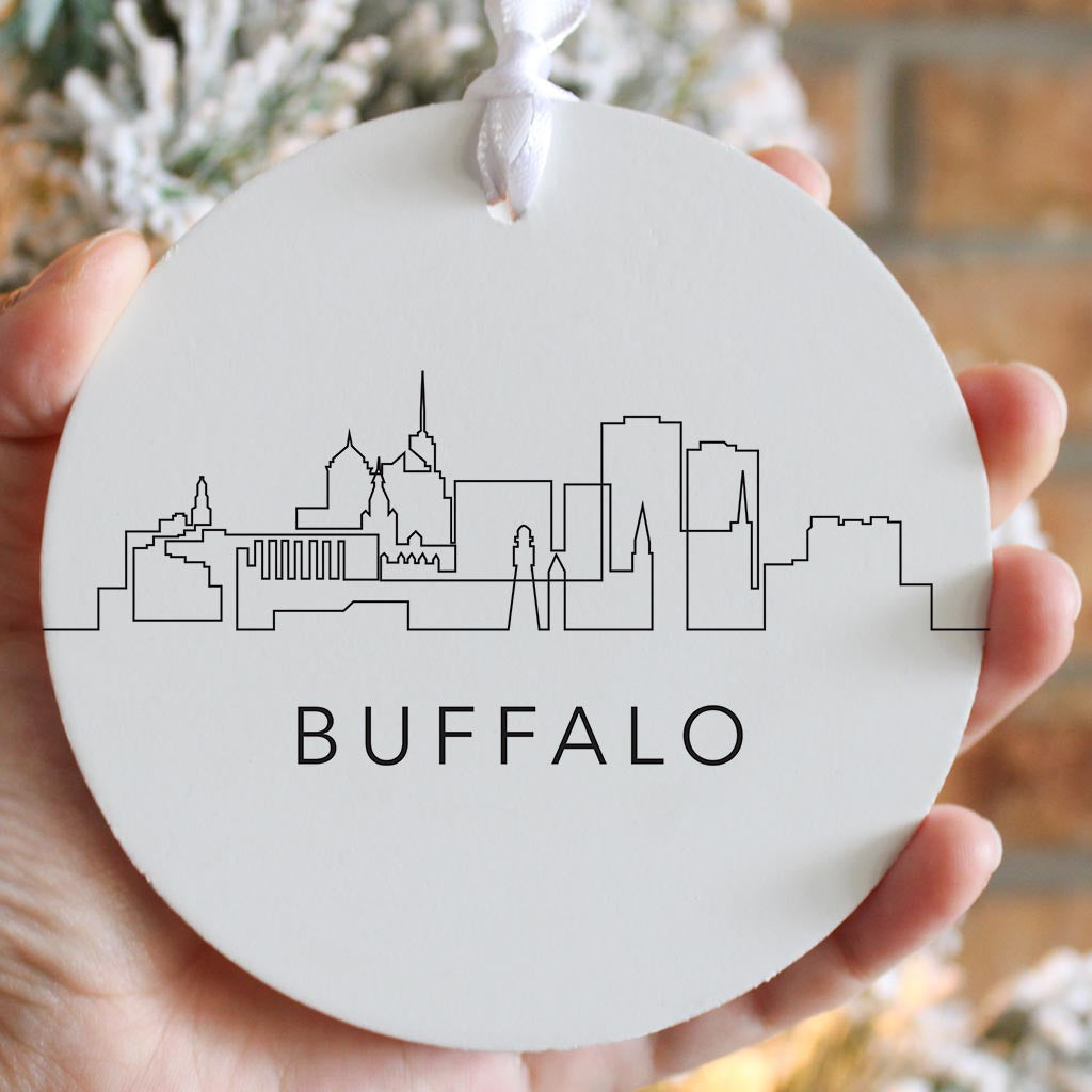 Minimalistic B&W New York Buffalo Skyline | Wood Ornament | Eaches | Min 6