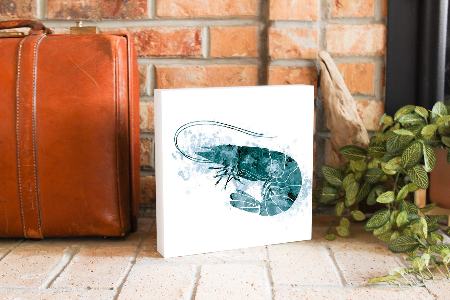 Blue White Water Color Shrimp | Wood Block | Eaches | Min 2