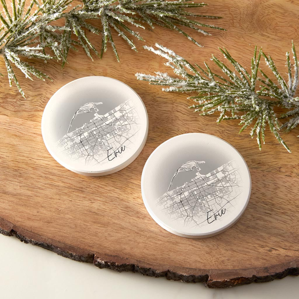 Minimalistic B&W Pennsylvania Erie Circle Map | Absorbent Car Coasters | Set of 2 | Min 4