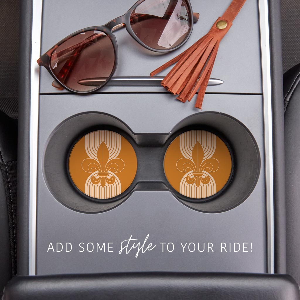 Modern Minimalist Louisiana Orange Fleu De Lis | Absorbent Car Coasters | Set of 2 | Min 4