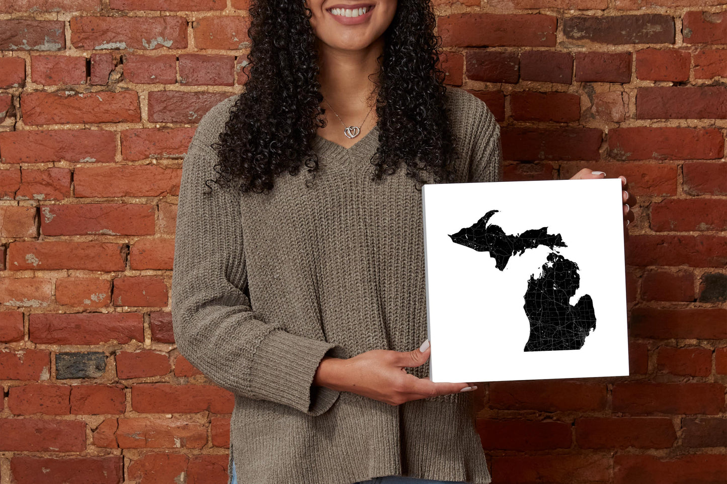 Minimalistic B&W Michigan Map Petoskey Star | Wood Block | Eaches | Min 2