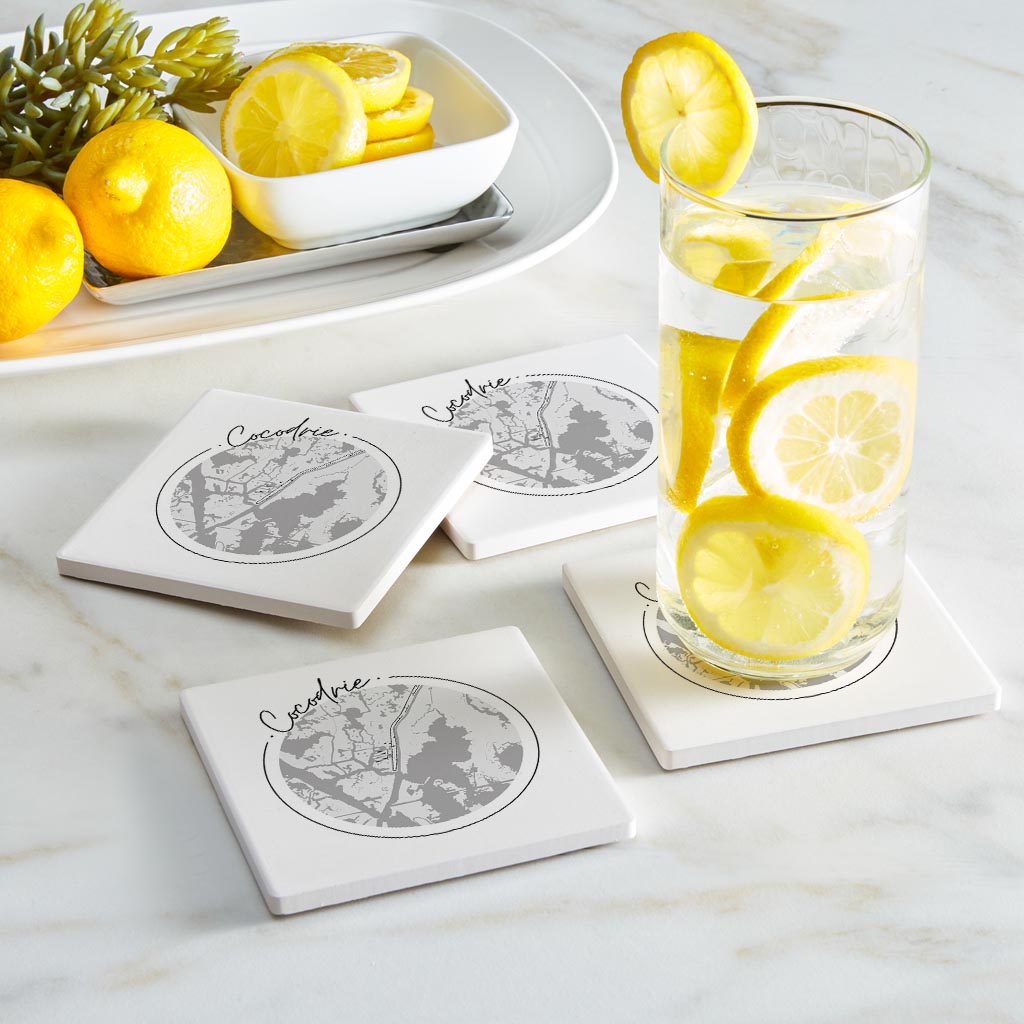 Minimalist B&W Louisiana Cocodrie Circle Map | Absorbent Coasters | Set of 4 | Min 2