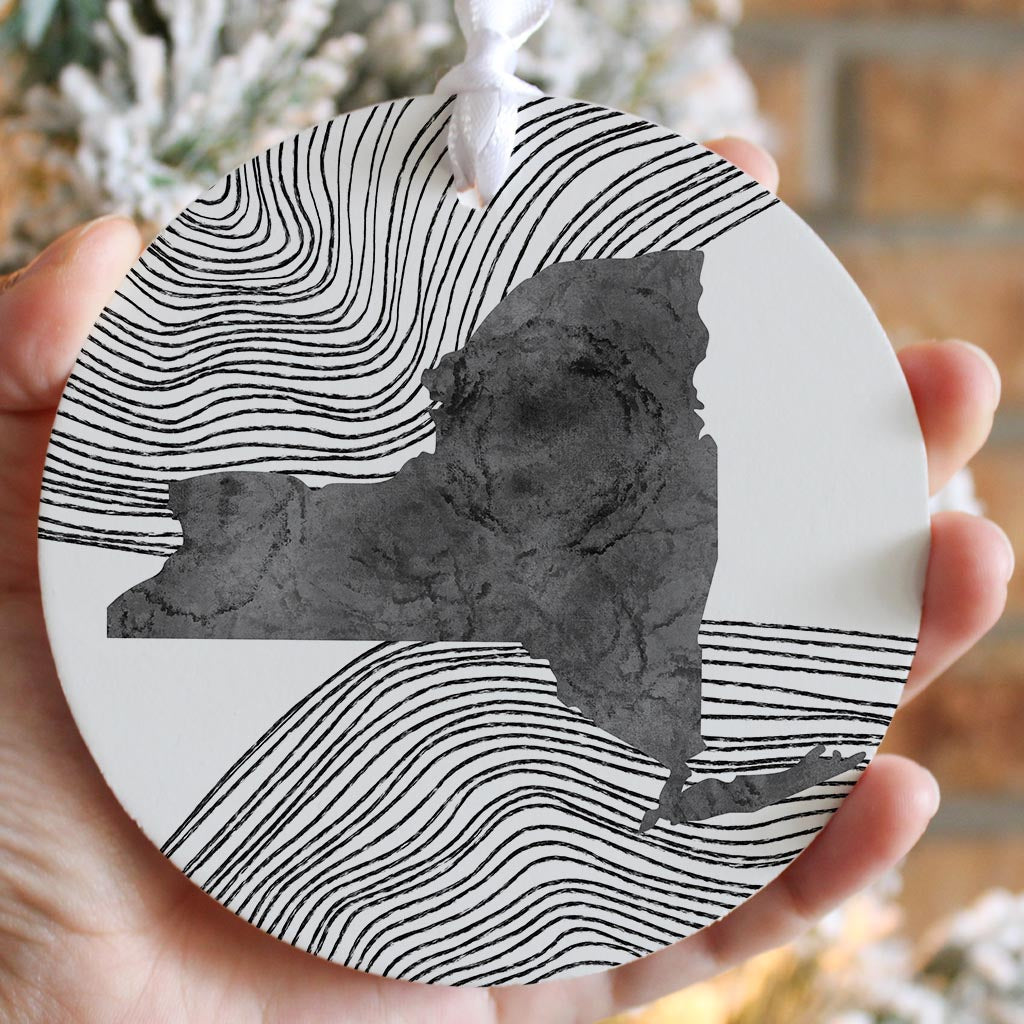 Minimalistic B&W New York State With Fluid Lines | Wood Ornament | Eaches | Min 6