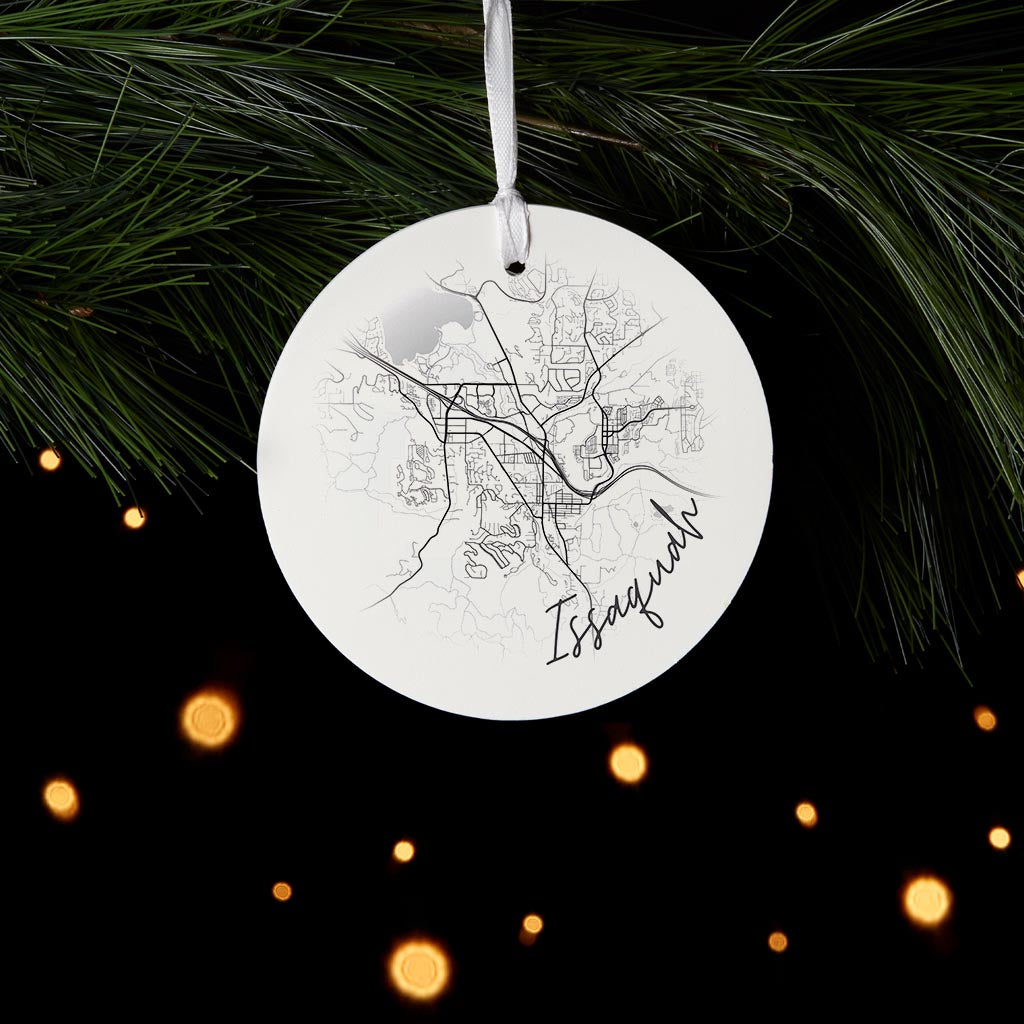 Minimalistic B&W Washington Issaquah Circle Map | Wood Ornament | Eaches | Min 6