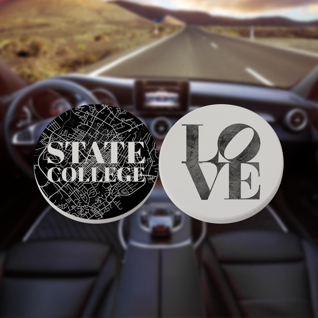 Minimalistic B&W Pennsylvania State College Map Love| Absorbent Car Coasters | Set of 2 | Min 4