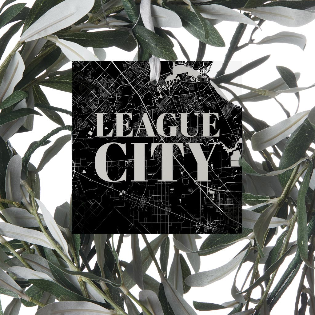Minimalistic B&W Texas League City Map | Wood Ornament | Eaches | Min 6