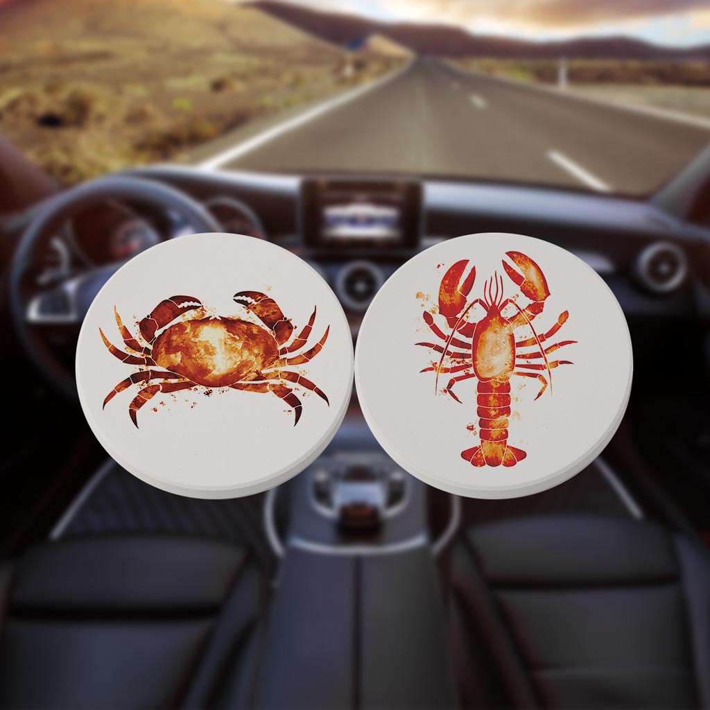 North Carolina Water Color Crab And Lobster| Absorbent Car Coasters | Set of 2 | Min 4