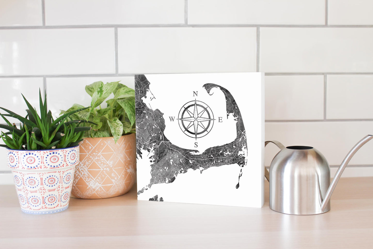 Minimalistic B&W Cape Cod Map With Compass | Wood Block | Eaches | Min 2