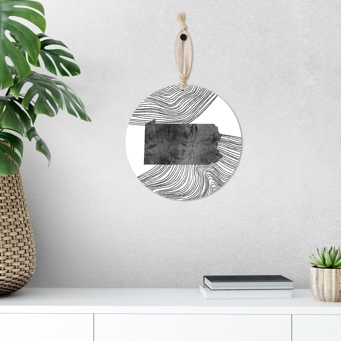 Minimalistic B&W Pennsylvania Shape Fluid Lines | Wood Ornament | Eaches | Min 1
