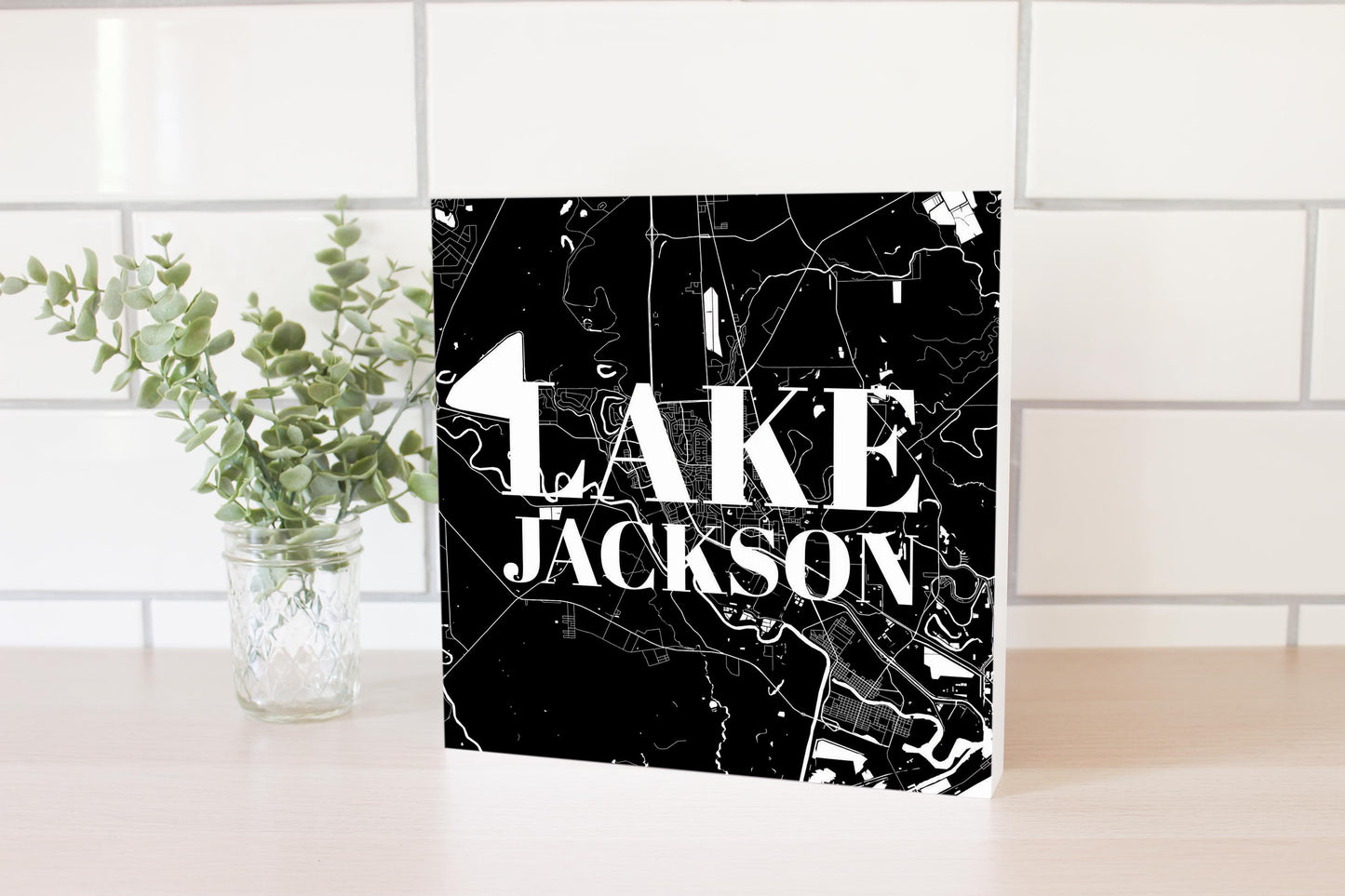 Minimalistic B&W Texas Lake Jackson Map | Wood Block | Eaches | Min 2