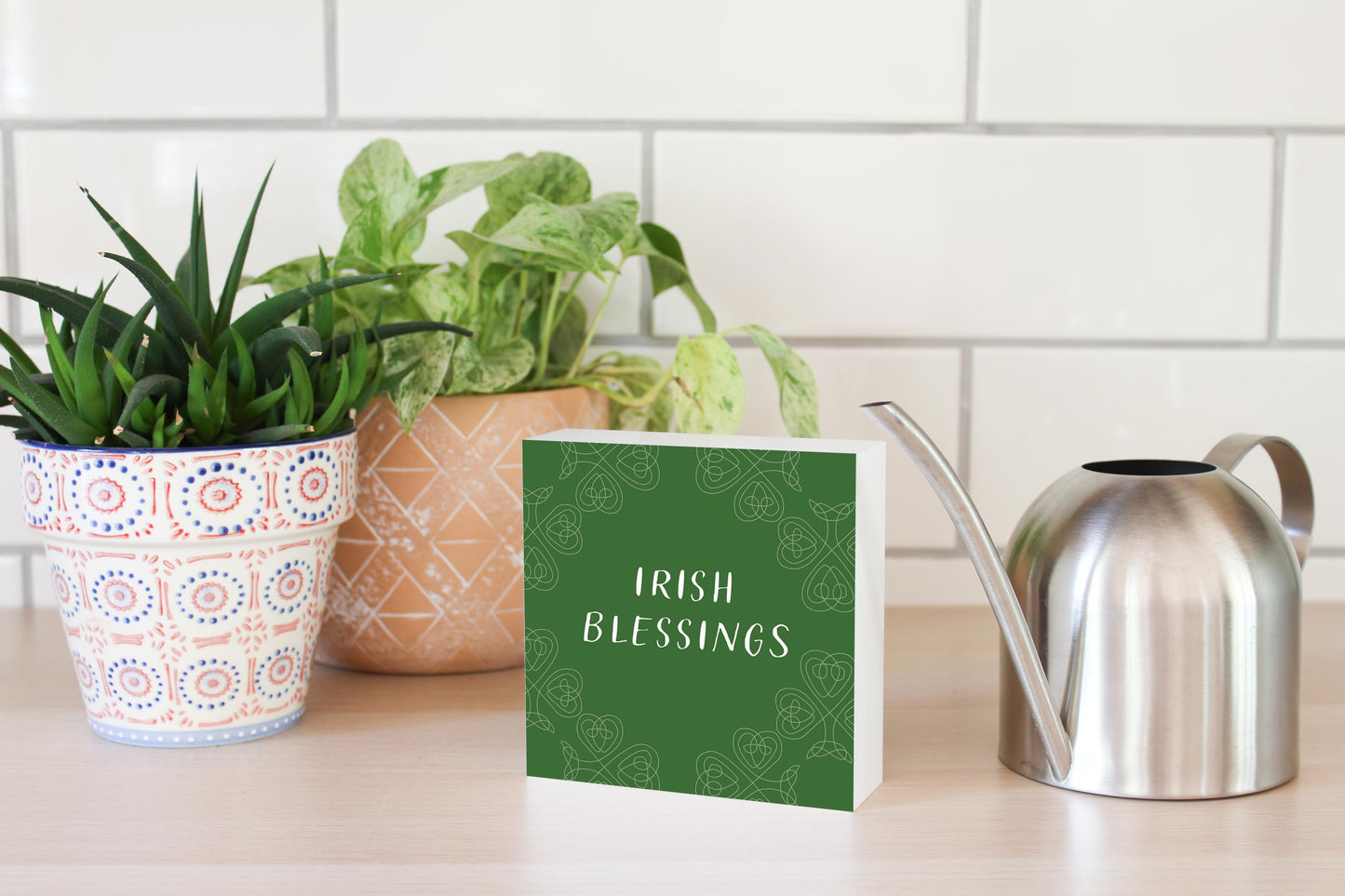 Dark Green Shamrock Irish Blessings | Wood Block | Eaches | Min 4