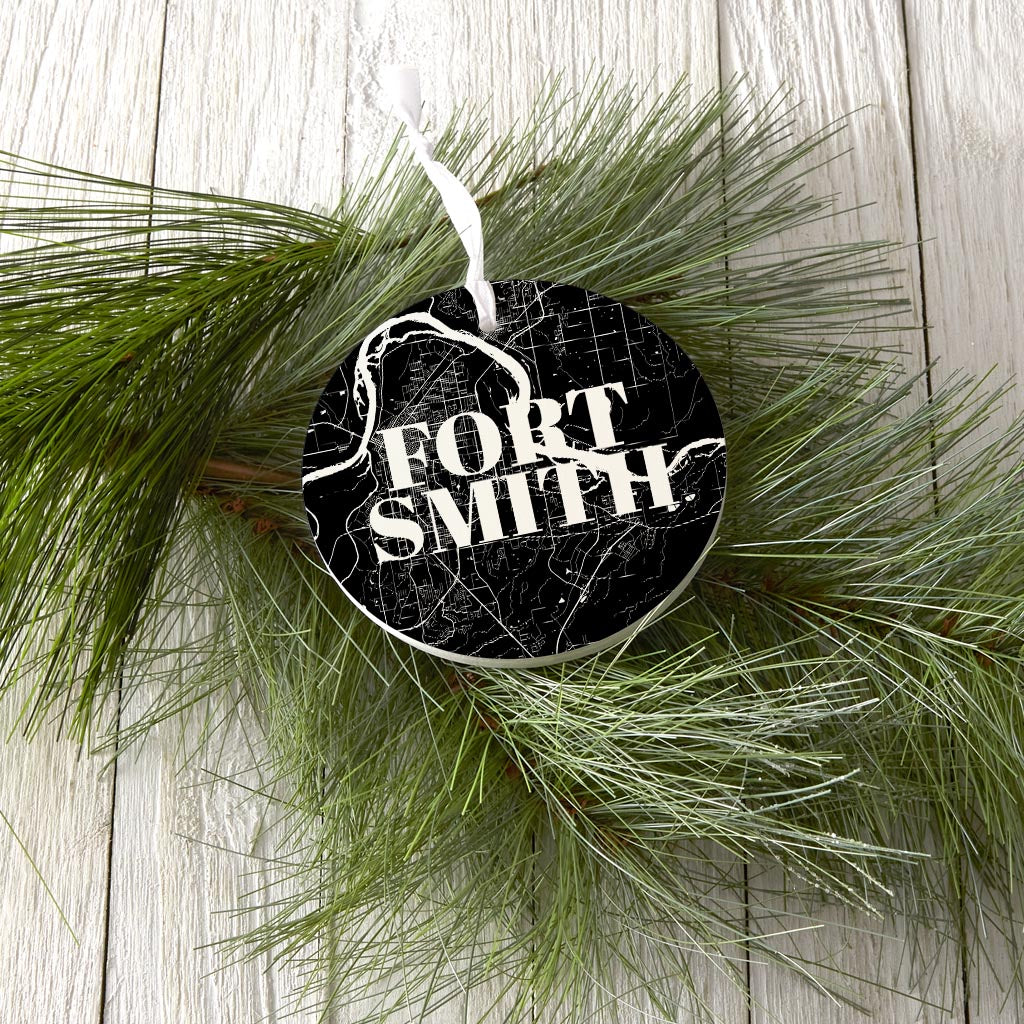 B&W Minimalist Arkansas Fort Smith Map| Wood Ornament | Eaches | Min 6