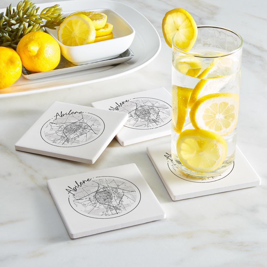 Minimalist B&W Texas Abilene Circle Map | Absorbent Coasters | Set of 4 | Min 2