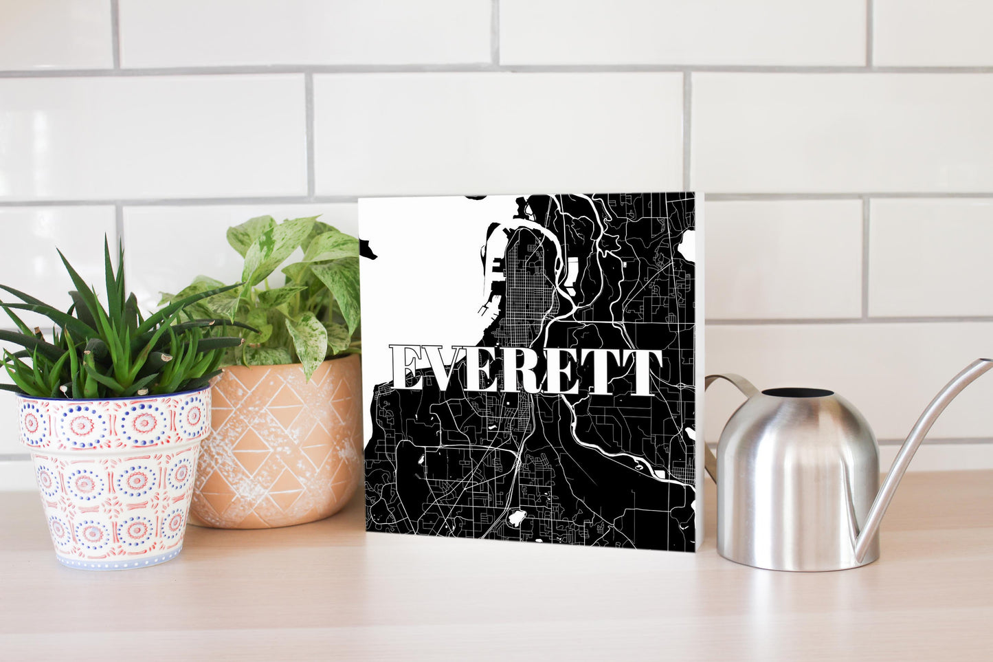 Minimalistic B&W Washington Everett Map | Wood Block | Eaches | Min 2
