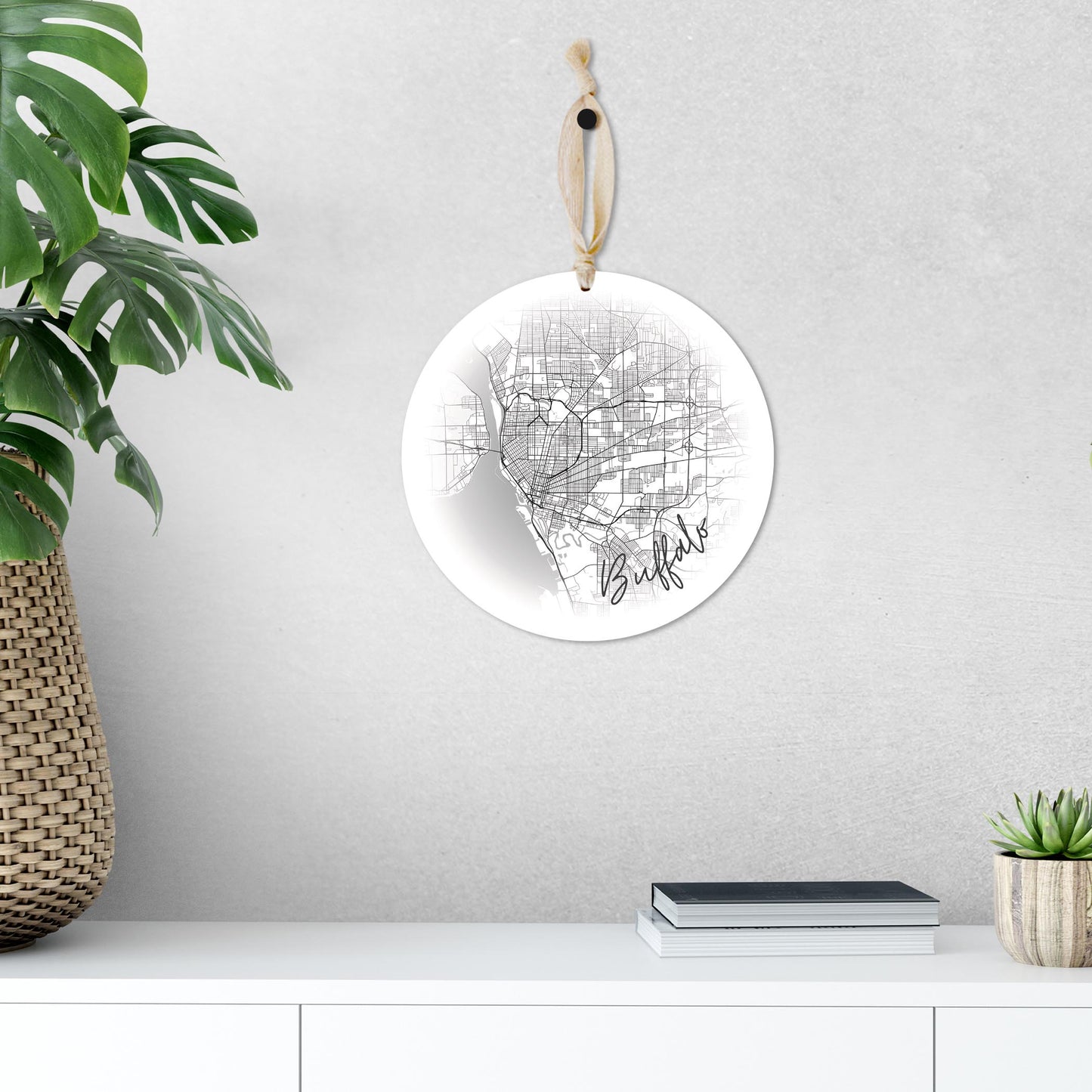 Minimalistic B&W New York Buffalo Faded Circle Map | Wood Ornament | Eaches | Min 1