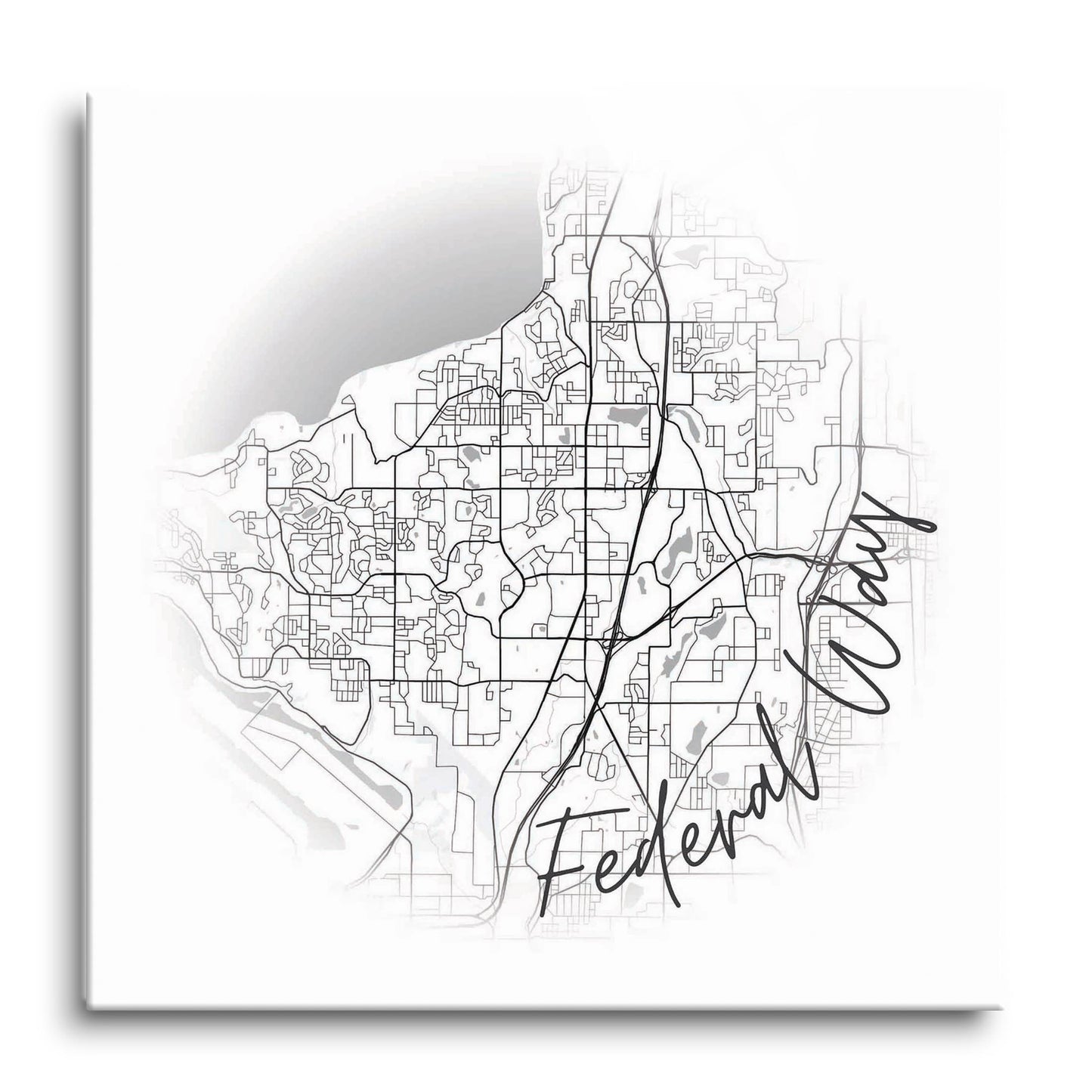 Minimalistic B&W Washington Federal Way Circle Map | Hi-Def Glass Art | Eaches | Min 1
