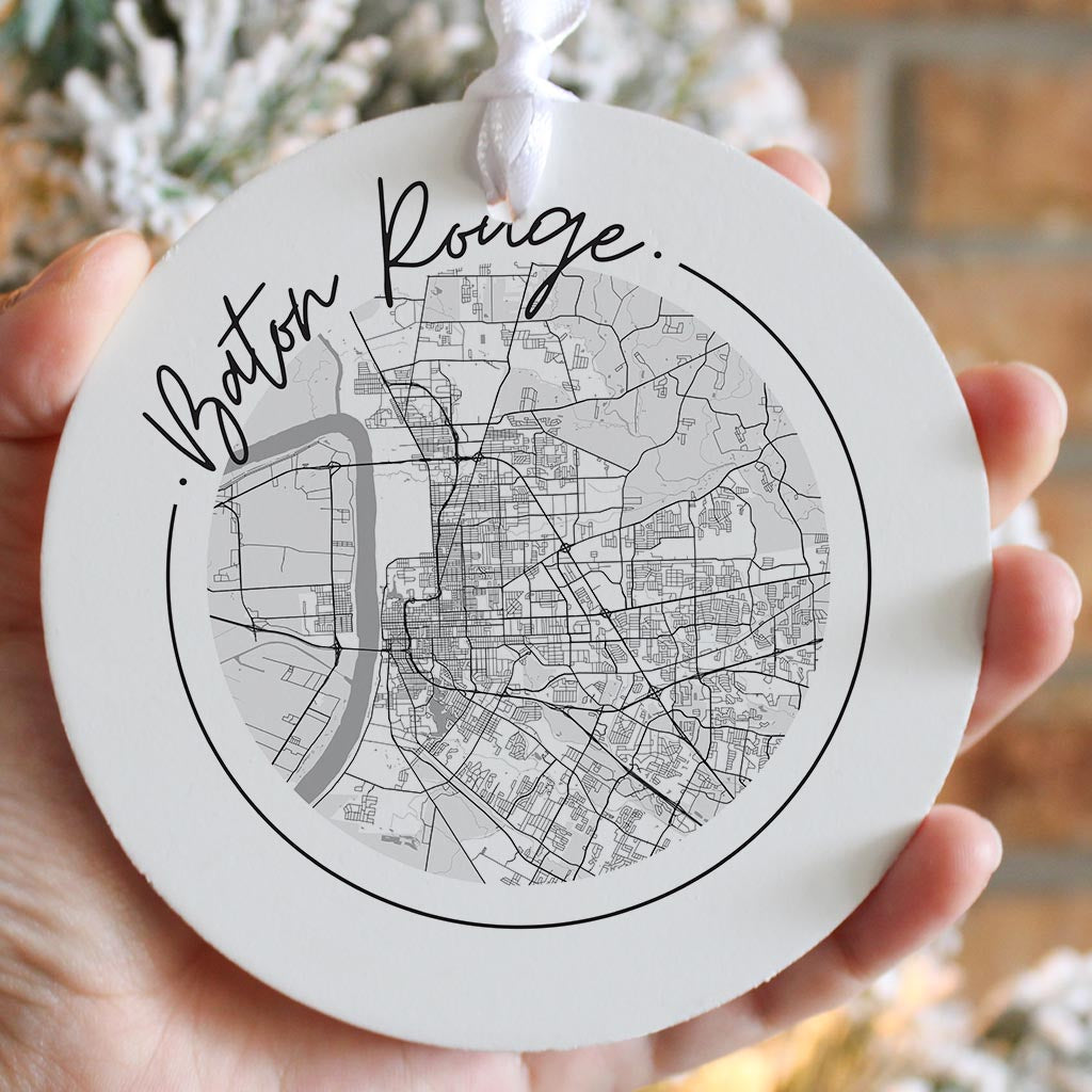 Minimalist B&W Louisiana Baton Rouge Circle Map | Wood Ornament | Eaches | Min 6