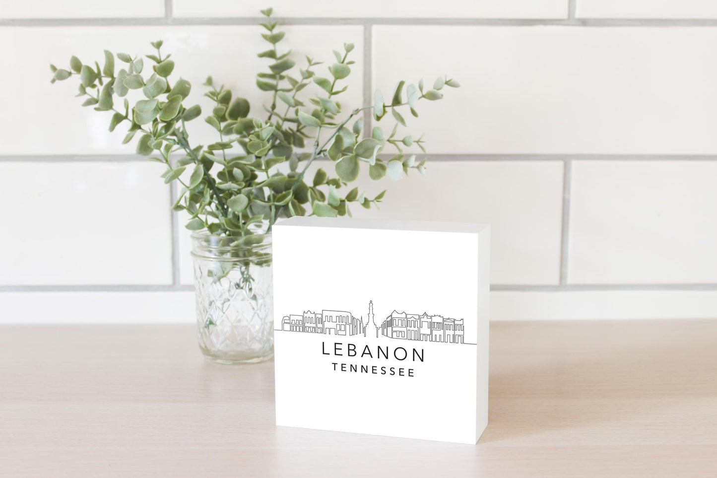 Minimalist B&W Tennessee Lebanon Skyline | Wood Block | Eaches | Min 4
