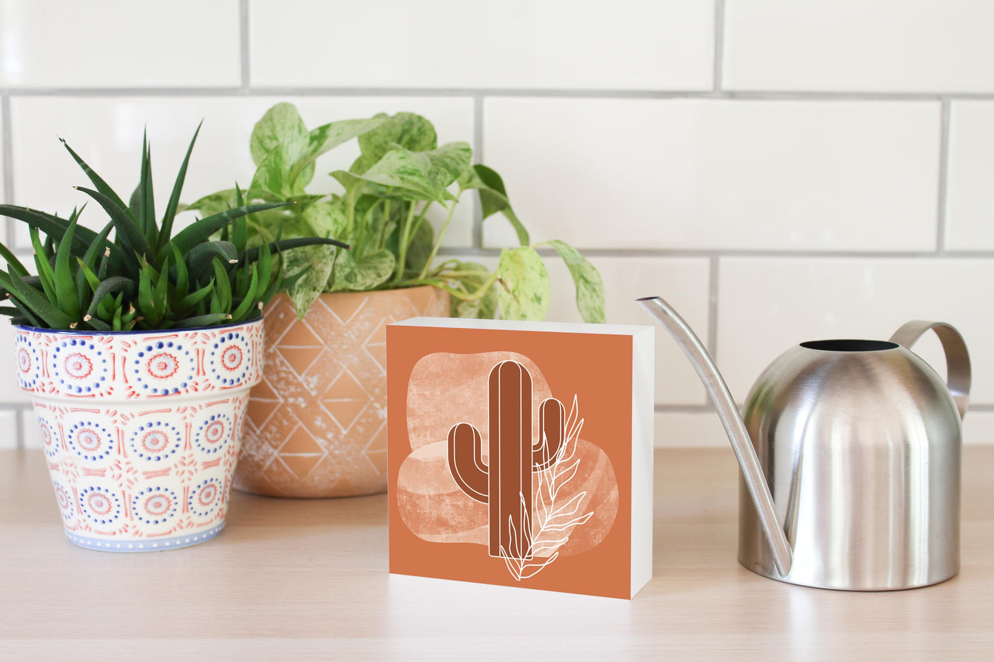 Modern Minimalist Texas Cactus | Wood Block | Eaches | Min 4