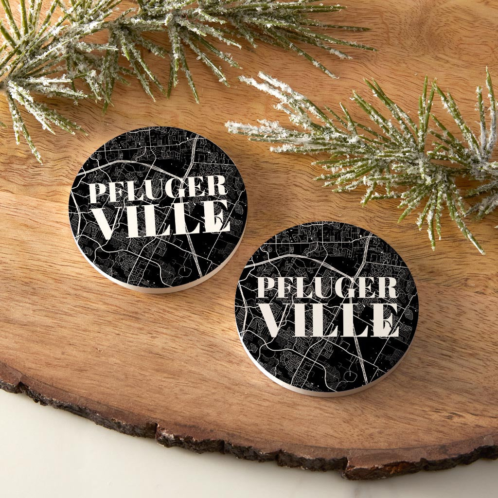Minimalistic B&W Texas Pflugerville Map | Absorbent Car Coasters | Set of 2 | Min 4