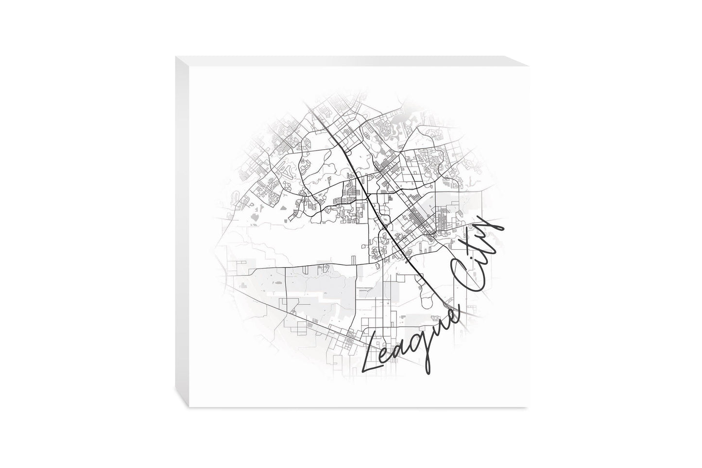 Minimalistic B&W Texas League City Circle Map | Wood Block | Eaches | Min 2