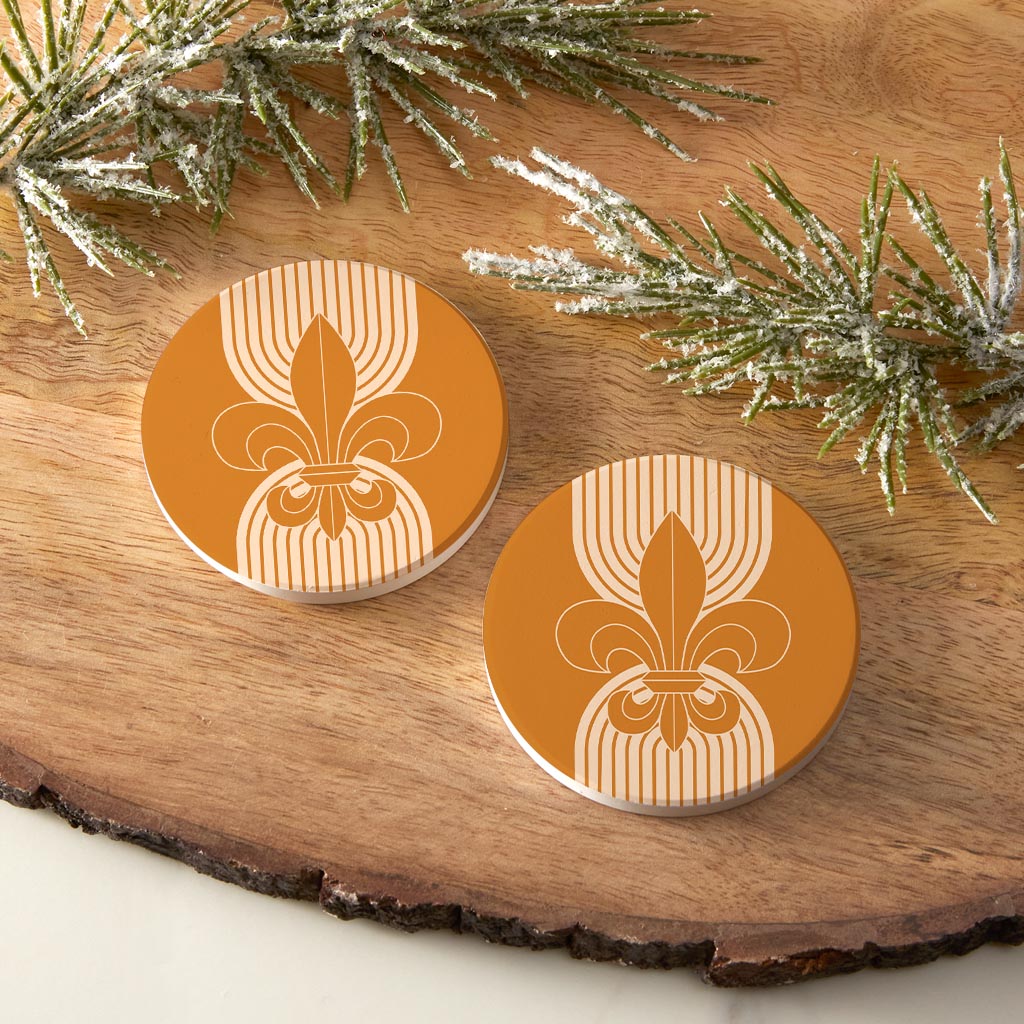 Modern Minimalist Louisiana Orange Fleu De Lis | Absorbent Car Coasters | Set of 2 | Min 4
